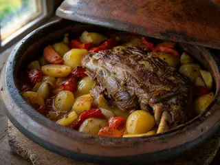 Croatian lamb peka with golden potatoes, peppers, onions, and rosemary