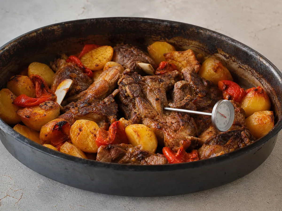 Fully cooked lamb peka browned in a Dutch oven with tender potatoes and peppers