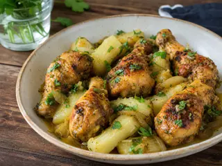 Fuente de muslos de pollo cubano asados con mojo, yuca tierna y cebollas al ajo