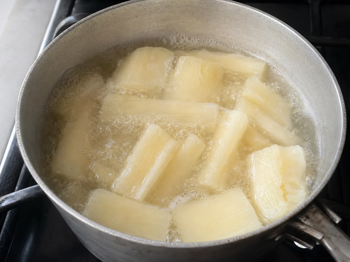 Trozos de yuca completamente cocidos, con bordes abiertos y centros fibrosos sueltos después de hervir