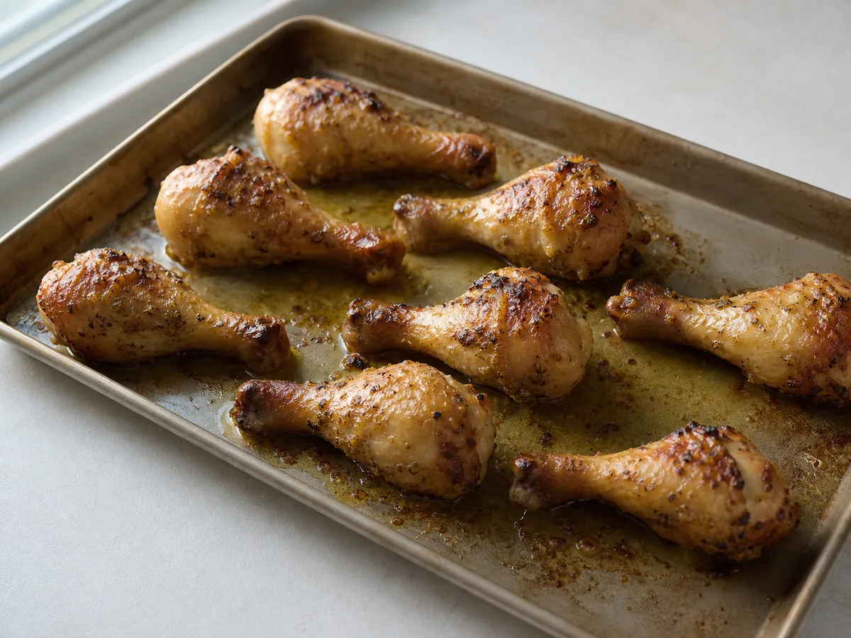 Muslos de pollo con mojo completamente cocidos en una charola para horno, con un termómetro verificando el punto