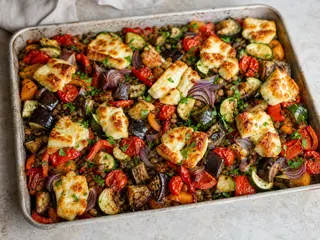 Halloumi dourado sobre legumes assados e lentilhas-verdes em uma assadeira, finalizado com salsa e limão