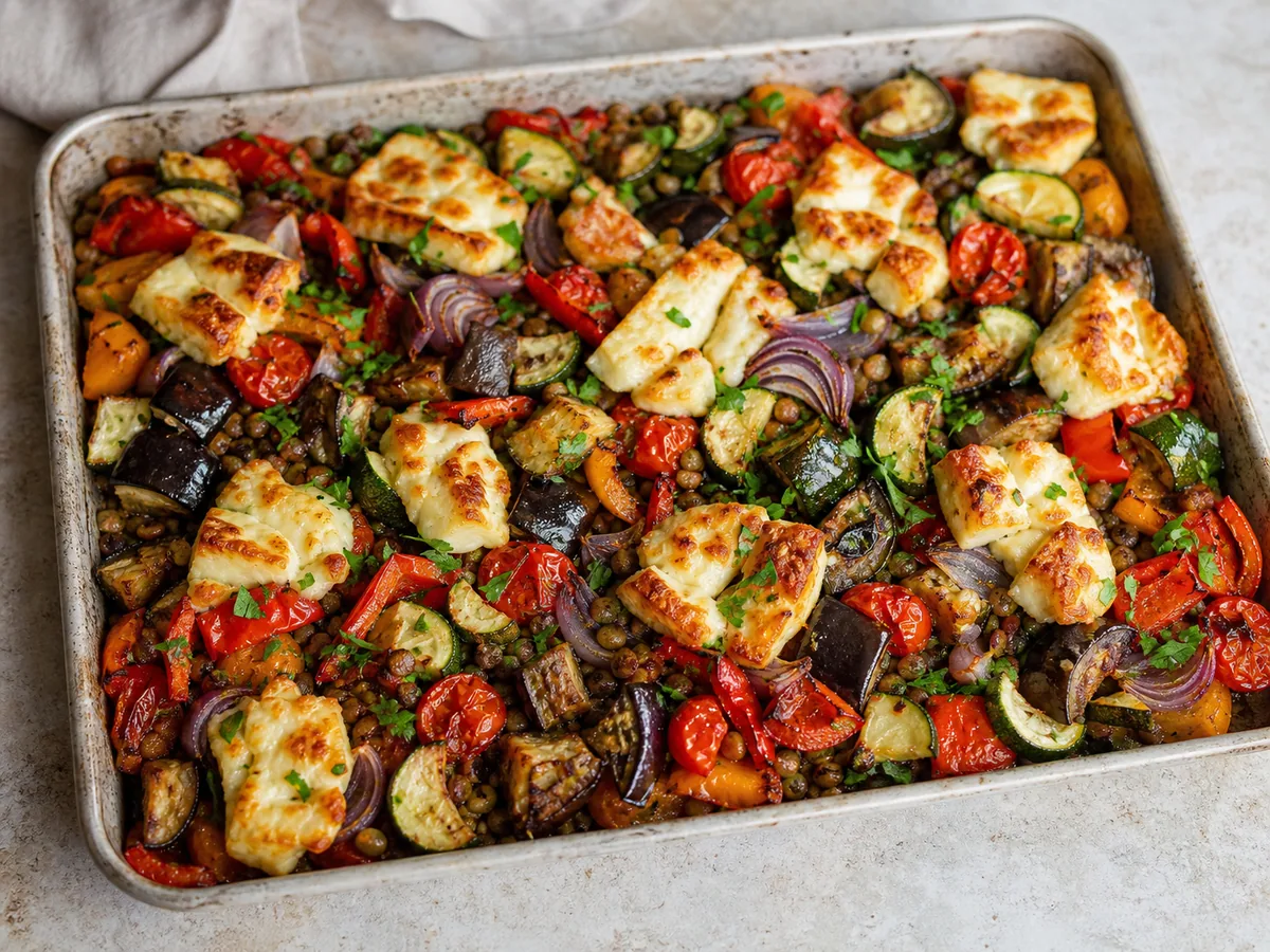 Golden halloumi over roasted vegetables and green lentils in a roasting tray, finished with parsley and lemon