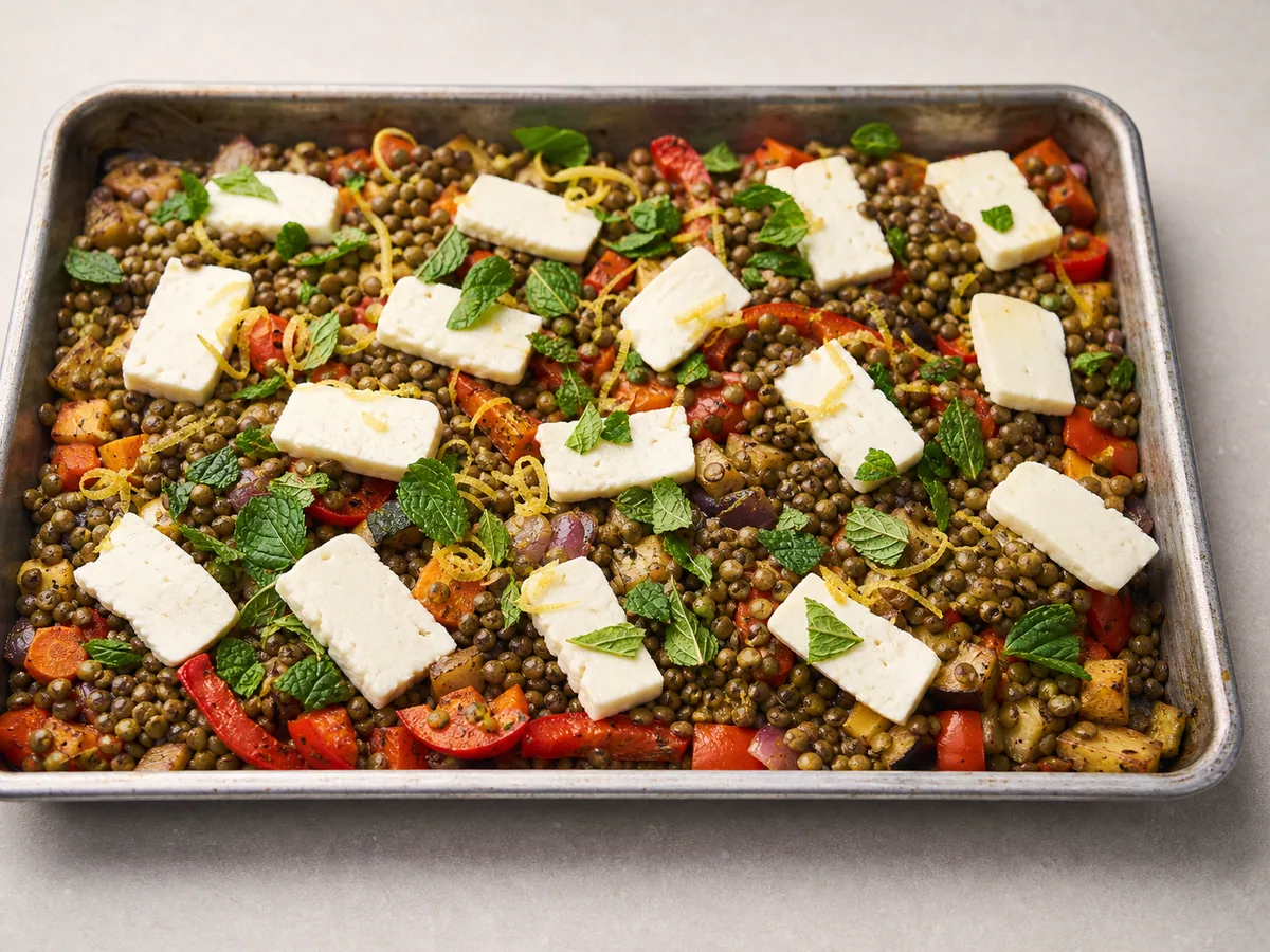 Pedaços de halloumi dispostos sobre legumes assados e lentilhas-verdes antes da assada final