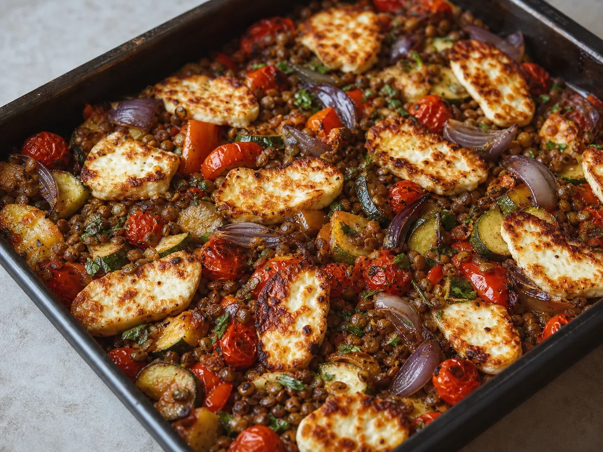 Halloumi dourado sobre legumes assados macios e lentilhas quentes ao fim do forno