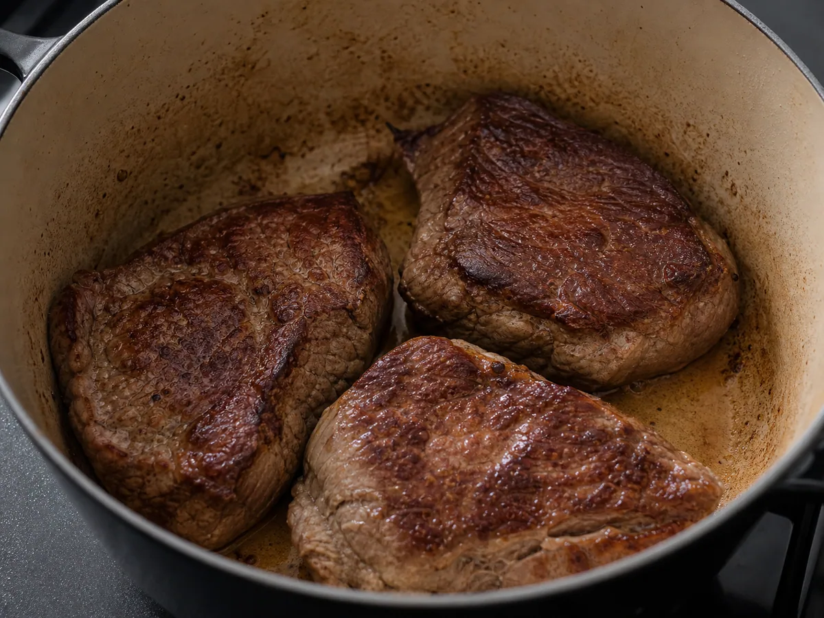 Fundo escuro bem dourado em uma panela holandesa após dourar a carne para a receita tcheca