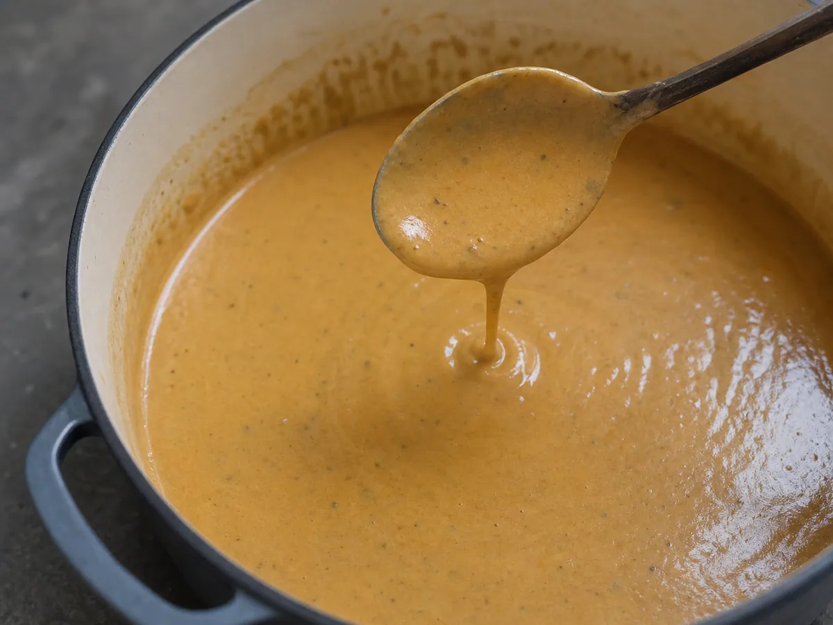 Molho cremoso dourado-claro de raízes cobrindo uma colher