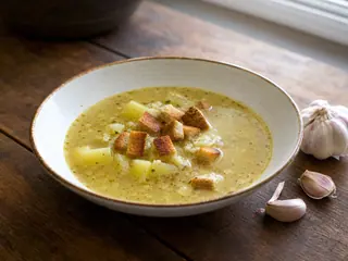 Tazón de sopa checa clara de ajo con papas, mejorana, perejil y crutones de centeno