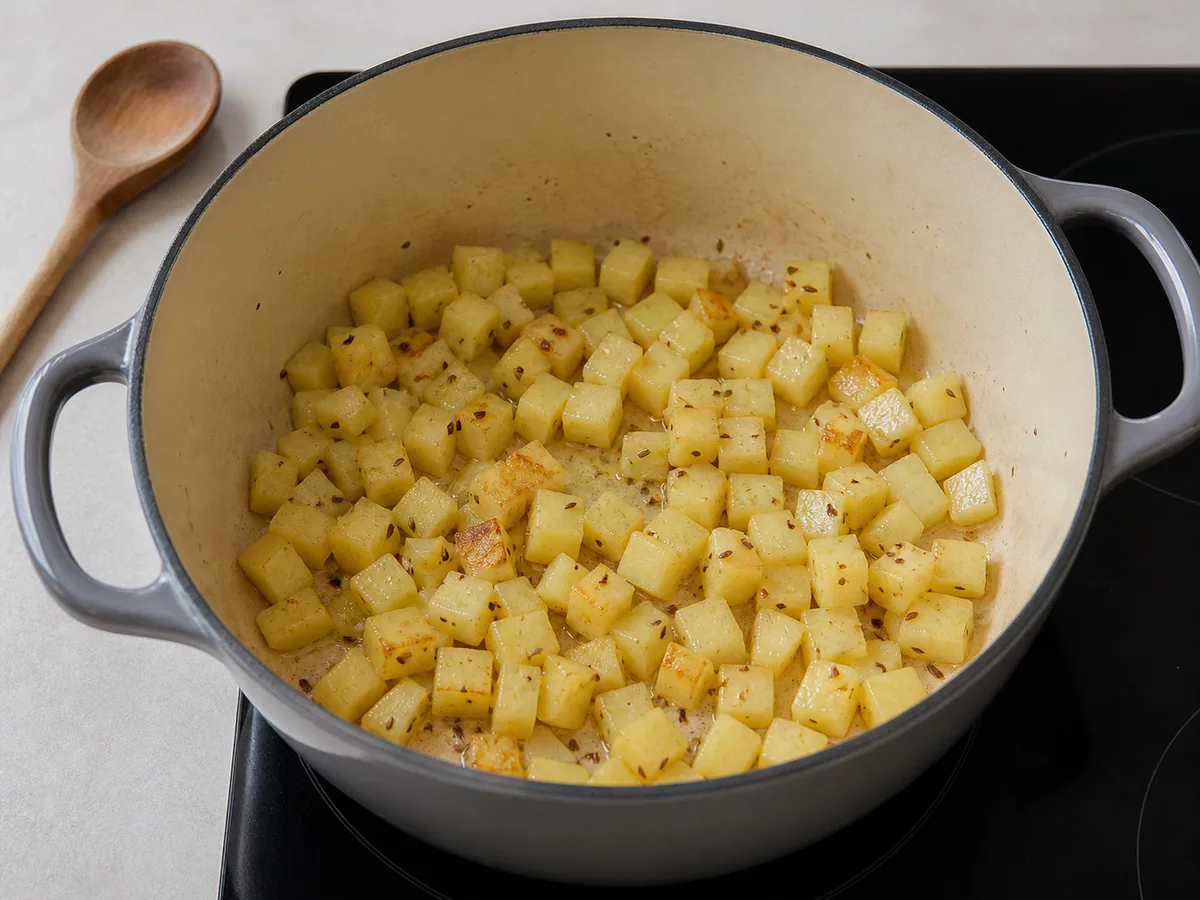 Cubos de batata firme levemente dourados, com sementes de alcaravia, em uma panela de sopa