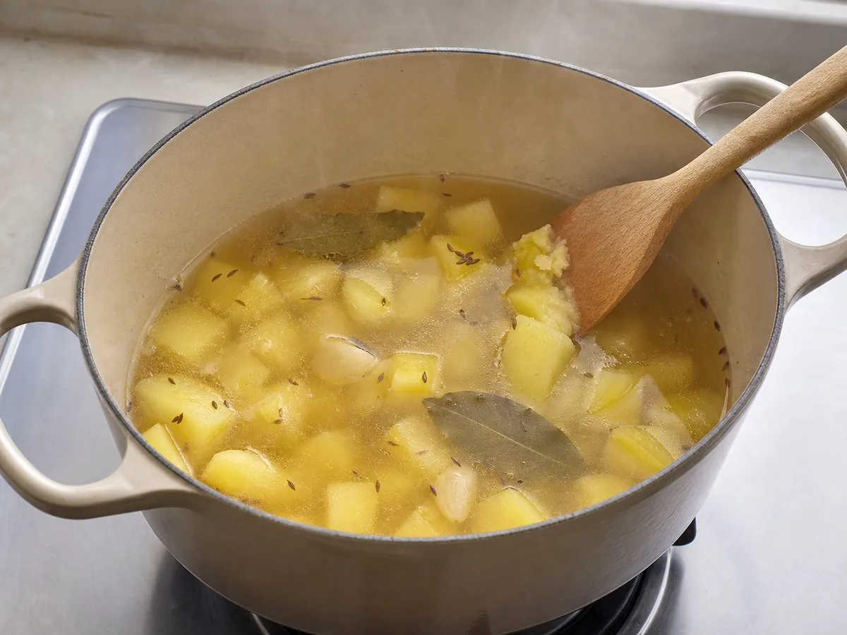 Sopa tcheca de alho límpida, com um cubo de batata macio sendo testado na panela