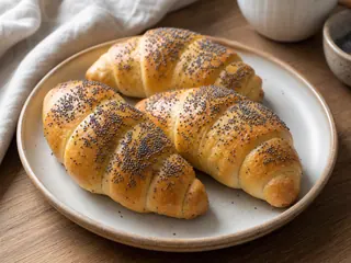 Panecillos checos dorados de desayuno en forma de media luna, espolvoreados con semillas de amapola