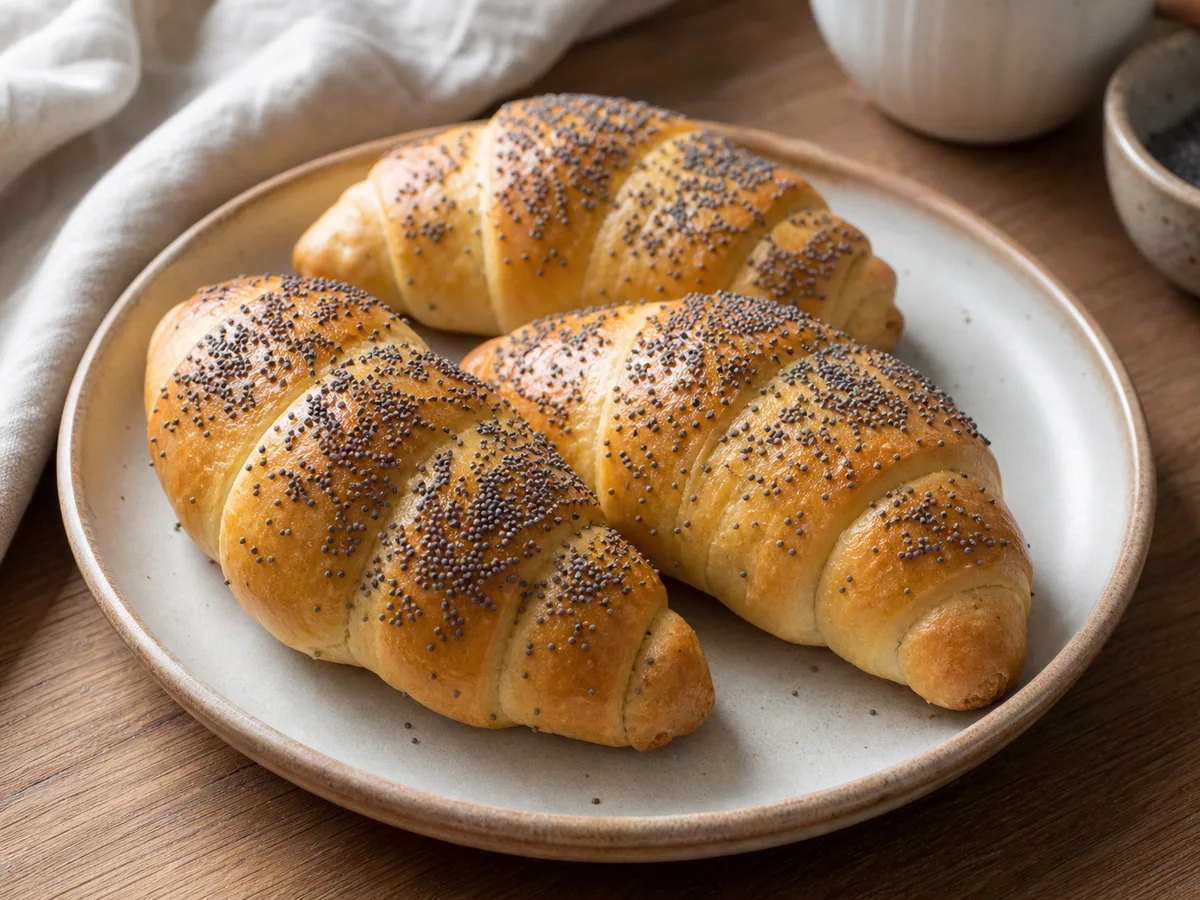 Golden Czech crescent breakfast rolls sprinkled with poppy seeds