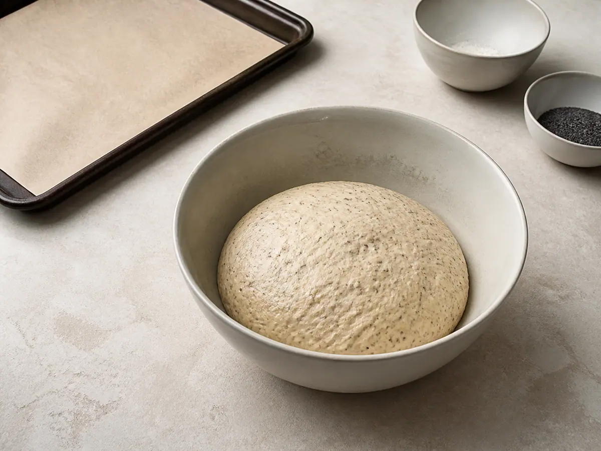 Smooth elastic enriched dough after butter is kneaded in
