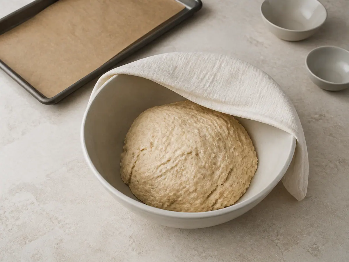 Rough Czech breakfast roll dough resting in a mixing bowl