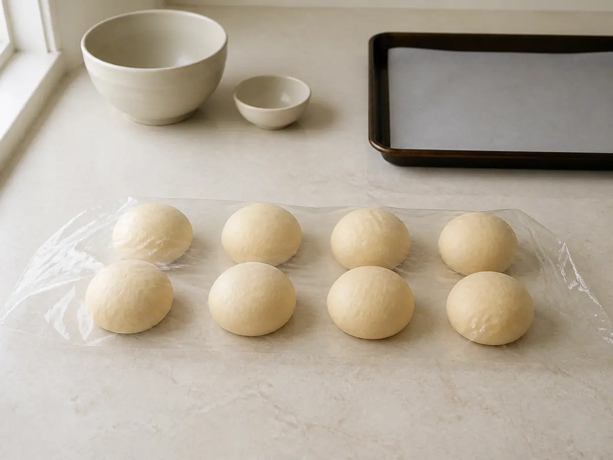 Portioned dough balls relaxing before shaping