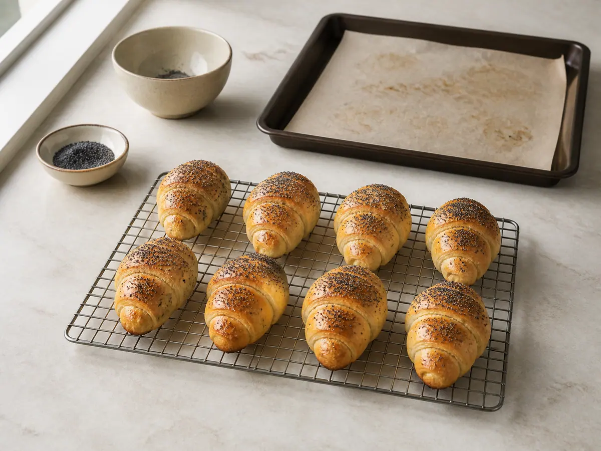 Warm Czech poppy seed crescent rolls resting after baking