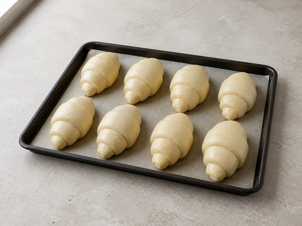 Proofed crescent rolls on a baking sheet
