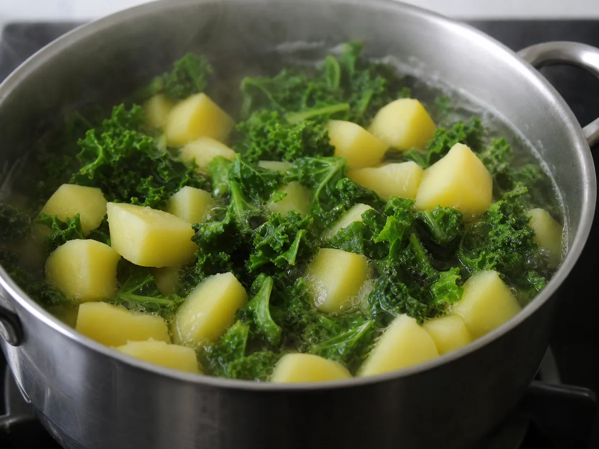 Pedaços de batata cobertos com couve picada em uma panela antes de cozinhar o stamppot holandês