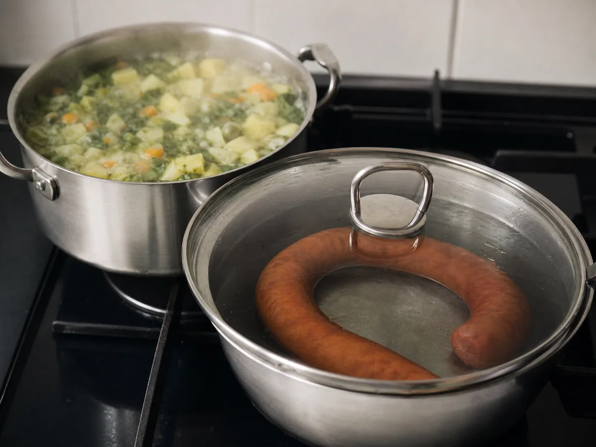 Linguiça defumada totalmente cozida aquecendo em um sachê interno lacrado em água quente sem ferver para o stamppot holandês