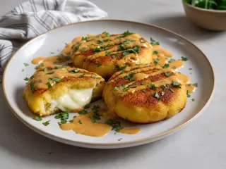 Golden Ecuadorian llapingachos served with warm peanut sauce
