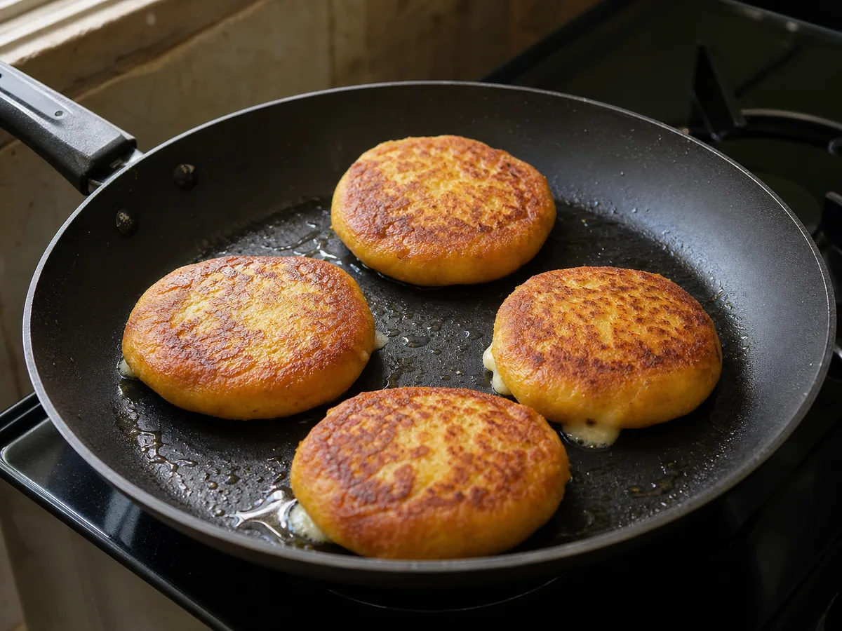 Turned Ecuadorian llapingachos showing deep-golden crusts in a skillet