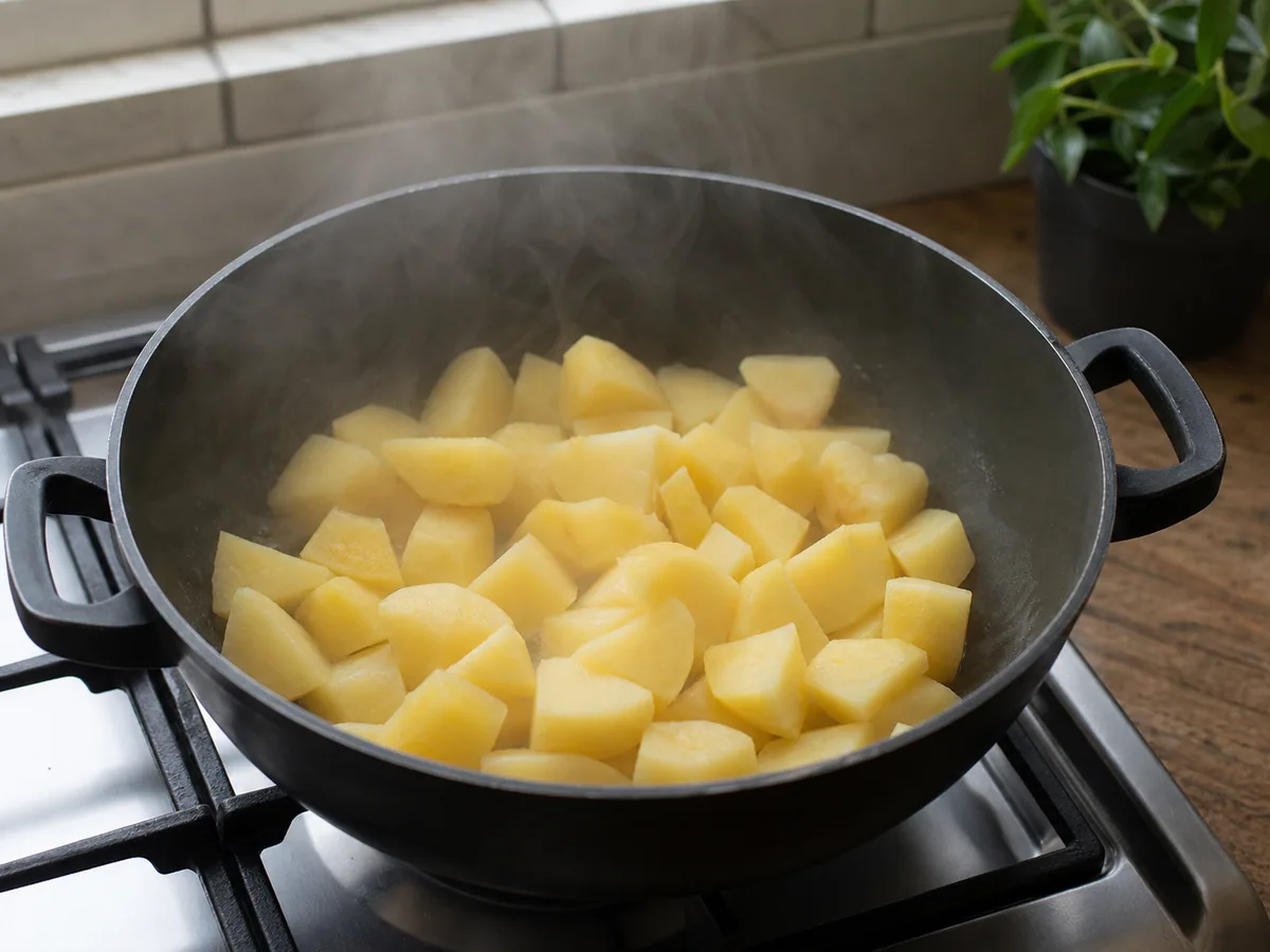 Knife-tender potatoes drying in the hot pot for Ecuadorian llapingachos