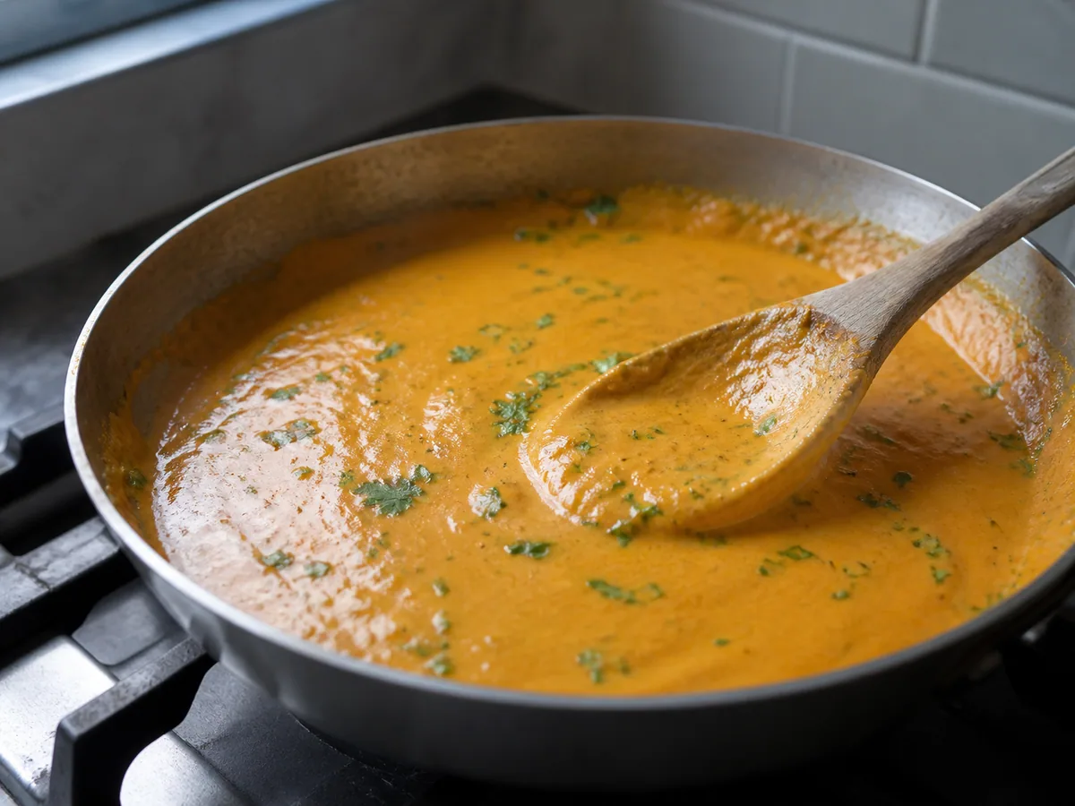 Creamy salsa de maní coating a spoon for Ecuadorian llapingachos