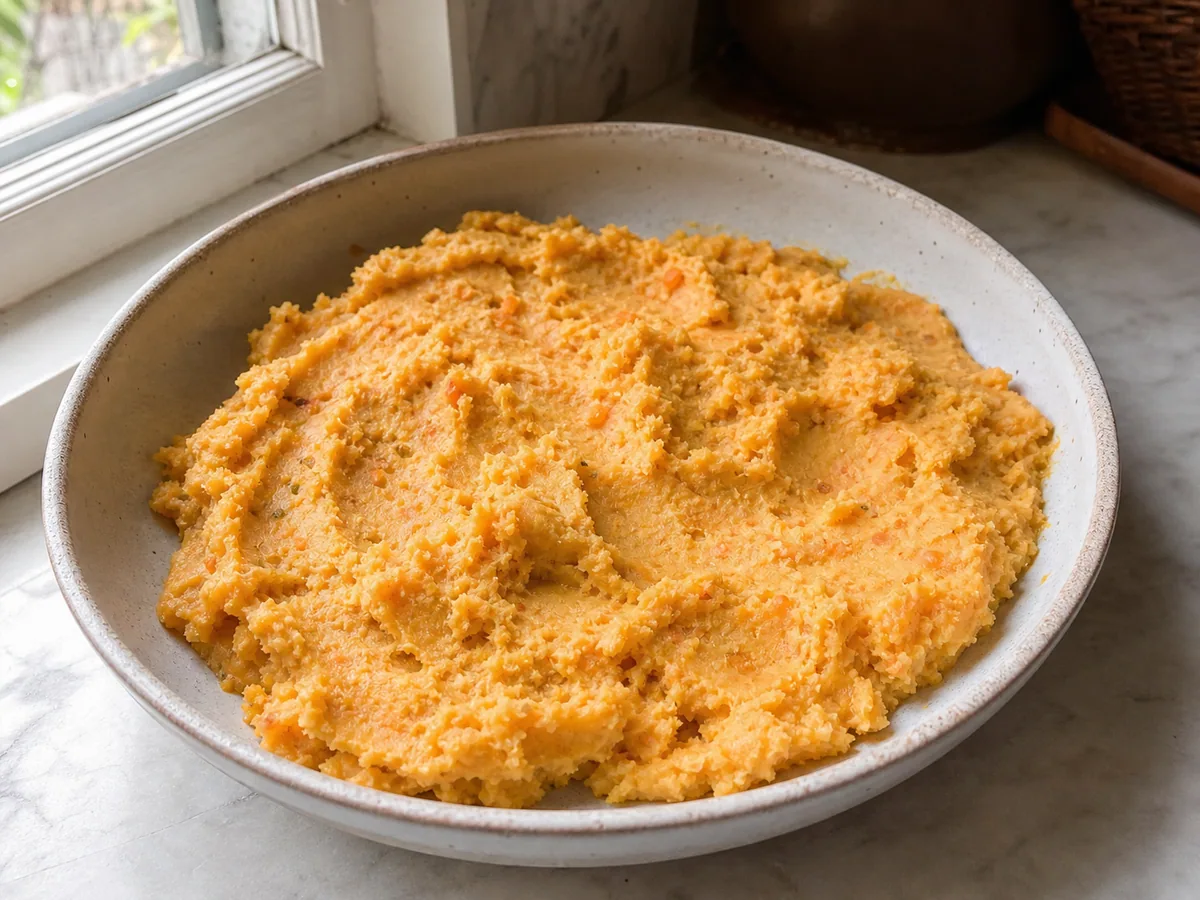 Rested achiote potato mash holding a clean pressed edge for llapingachos