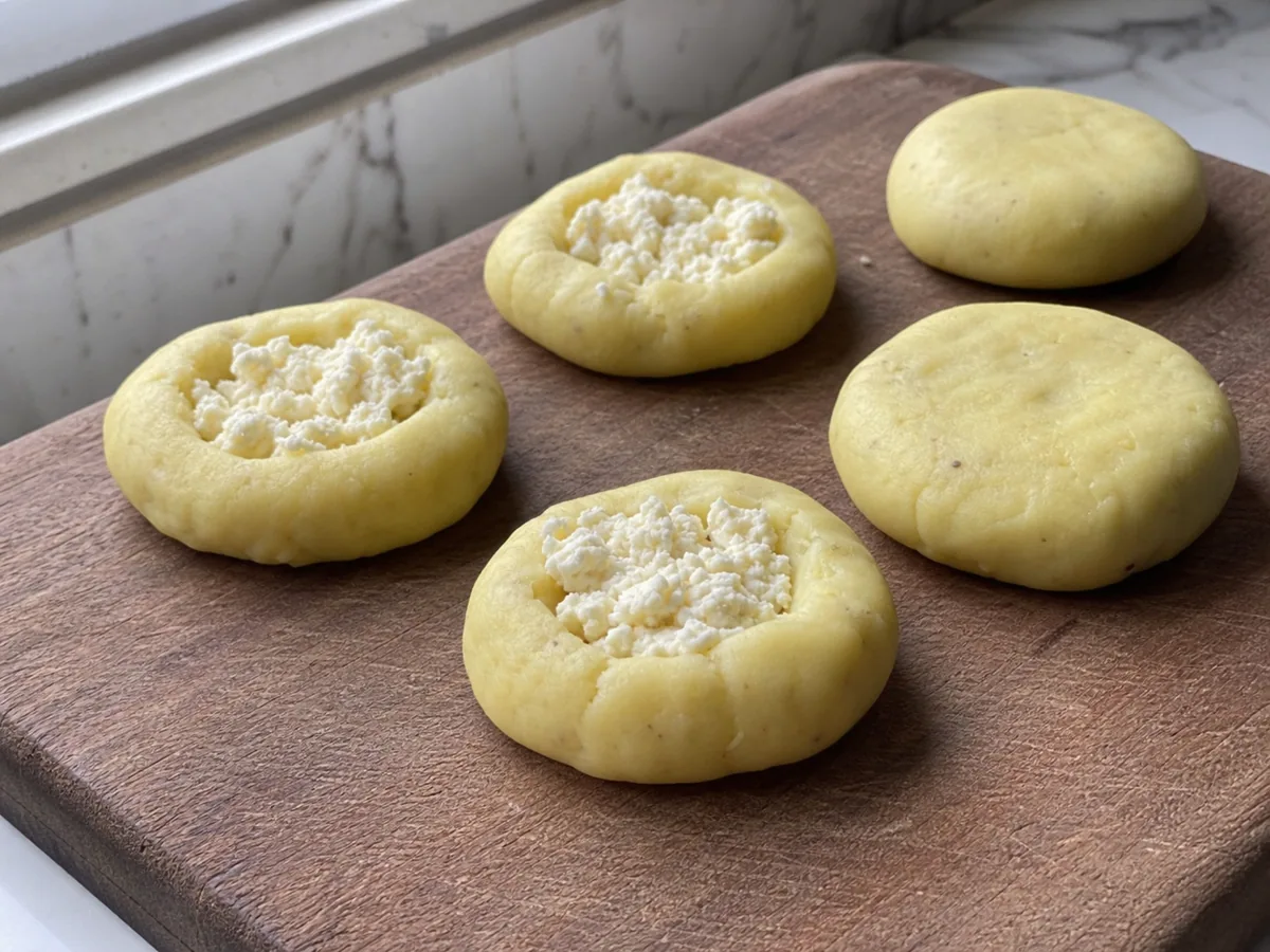 Annatto-tinted potato portion filled with pasteurized queso fresco before sealing