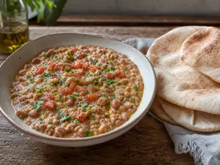 Bowl of Egyptian ful medames with tomato, parsley, and olive oil