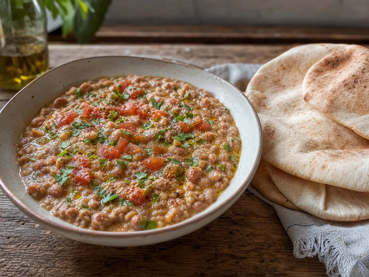 Bowl of Egyptian ful medames with tomato, parsley, and olive oil