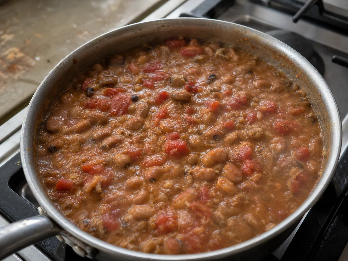 Ful medames egípcio com tomate macio e cominho fervendo até ficar cremoso, mas com textura