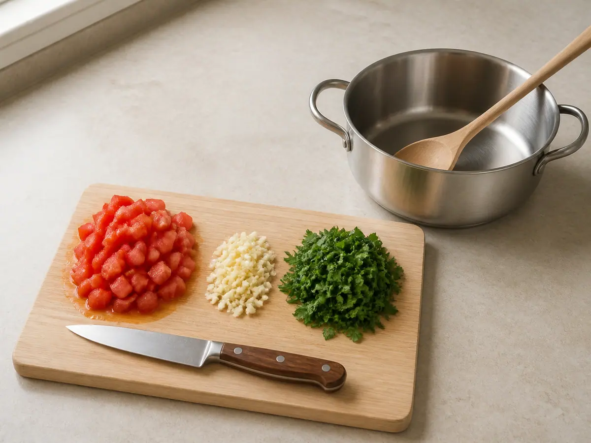 Prepare the tomato, garlic, and parsley