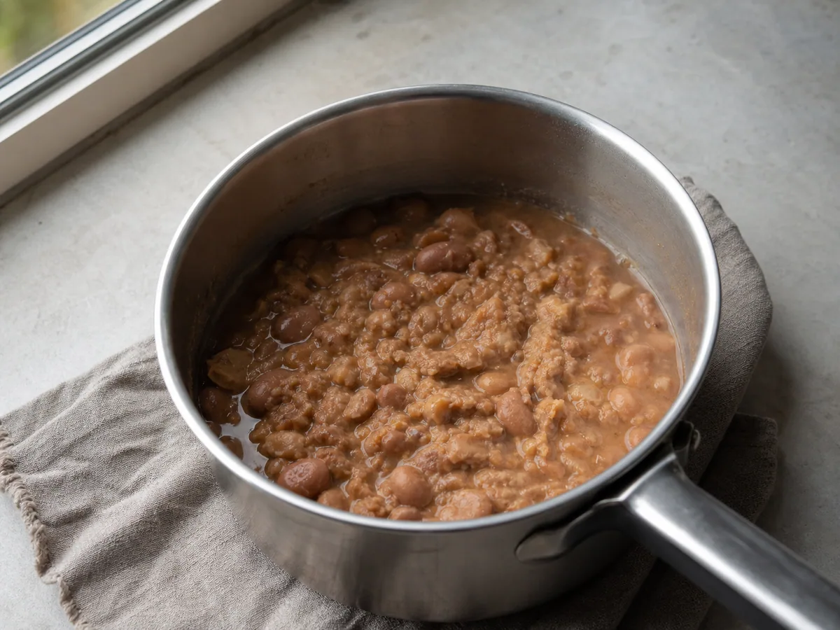 Favas cozidas parcialmente amassadas com água em uma panela