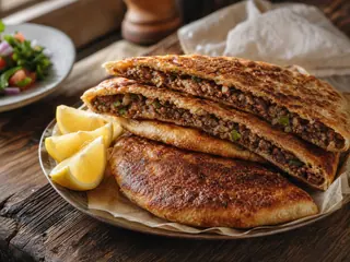 Crisp Egyptian hawawshi pitas cut open to show fully cooked spiced beef filling