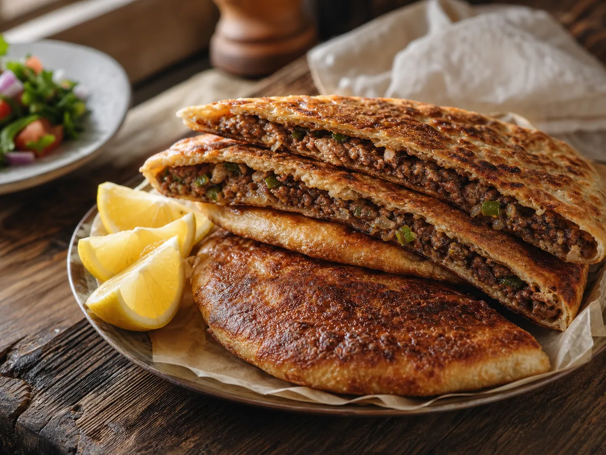 Pães pita crocantes de hawawshi egípcio cortados, mostrando o recheio de carne bem cozida e temperada