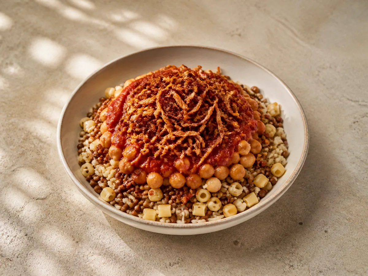 Bowl of Egyptian koshari topped with tomato sauce, chickpeas, and crisp onions