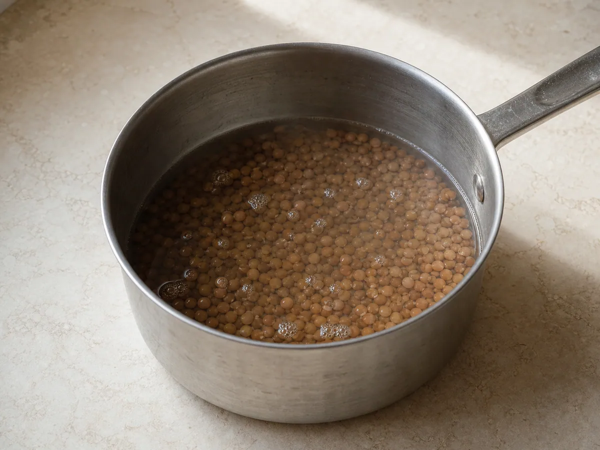 Lentejas marrones parcialmente cocidas escurriendo para el koshari egipcio