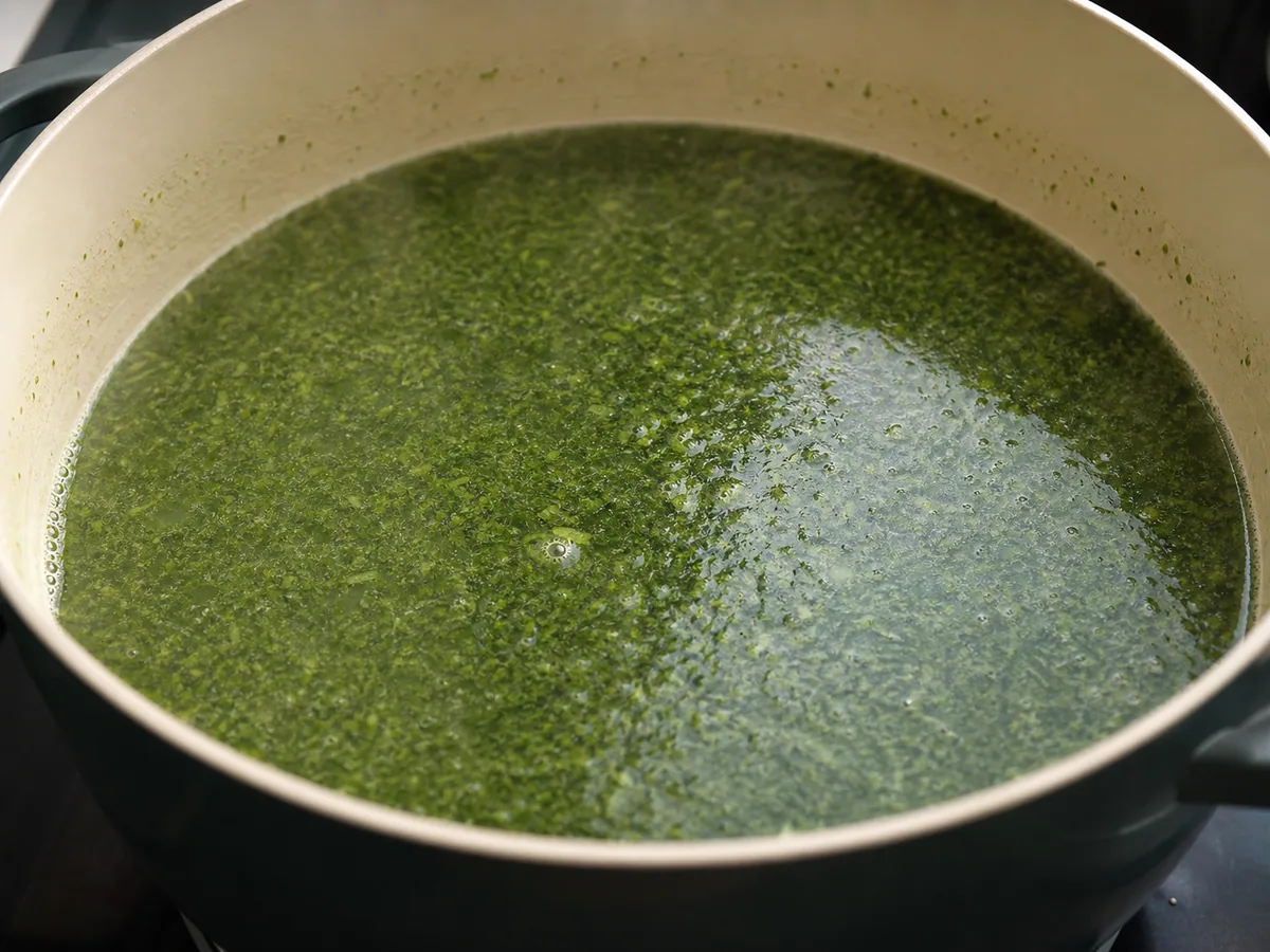 Molokhia verde-viva se dissolvendo suavemente em caldo de frango sem ferver