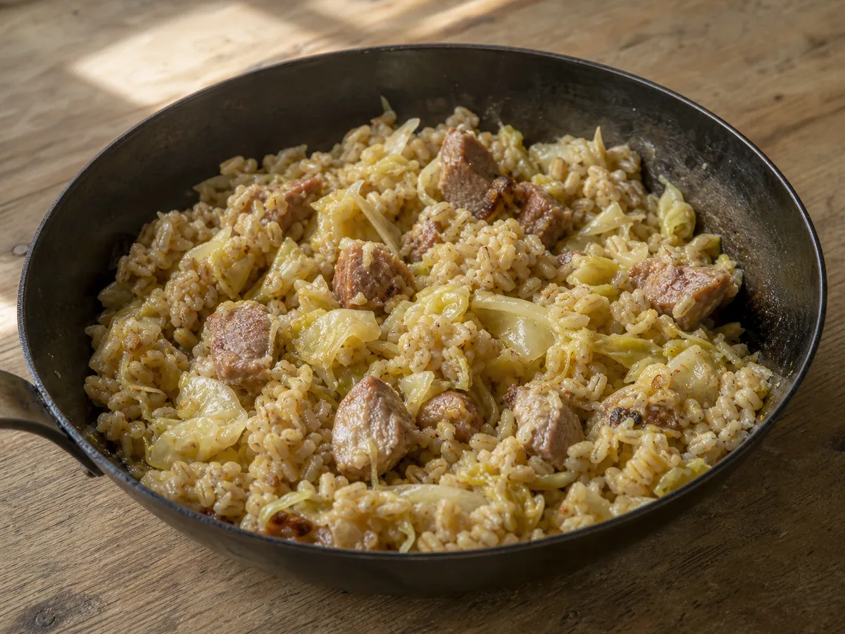 Tigela de cevada e repolho estonianos na frigideira com carne suína, chucrute, cevada-pérola e endro
