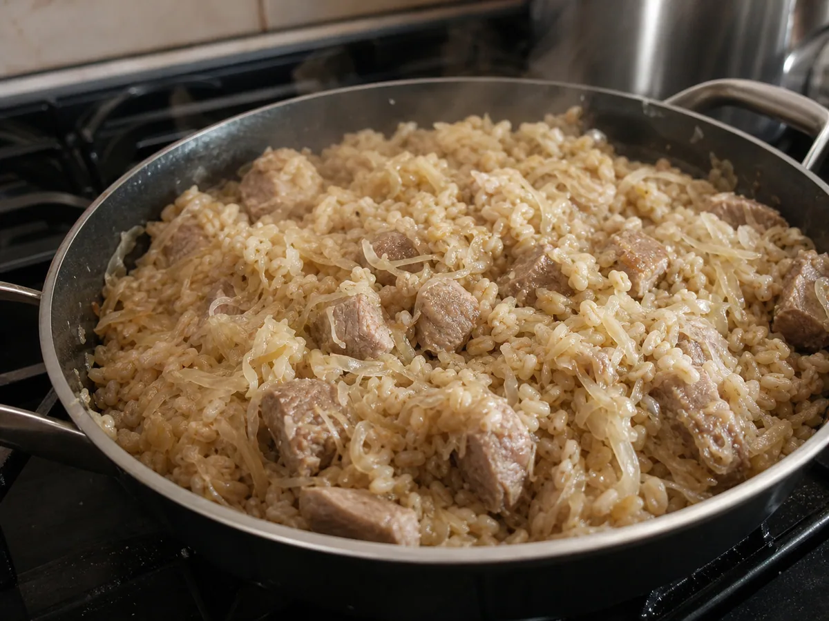 Estonian barley and cabbage skillet at the moist, tender stage with fully cooked pork, plump barley, fresh cabbage, and sauerkraut
