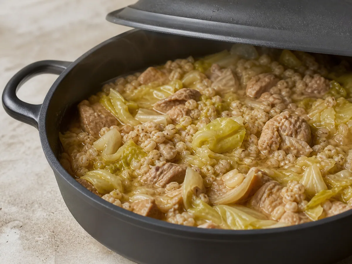 Estonian barley and cabbage skillet during the loose barley simmer before sauerkraut is added