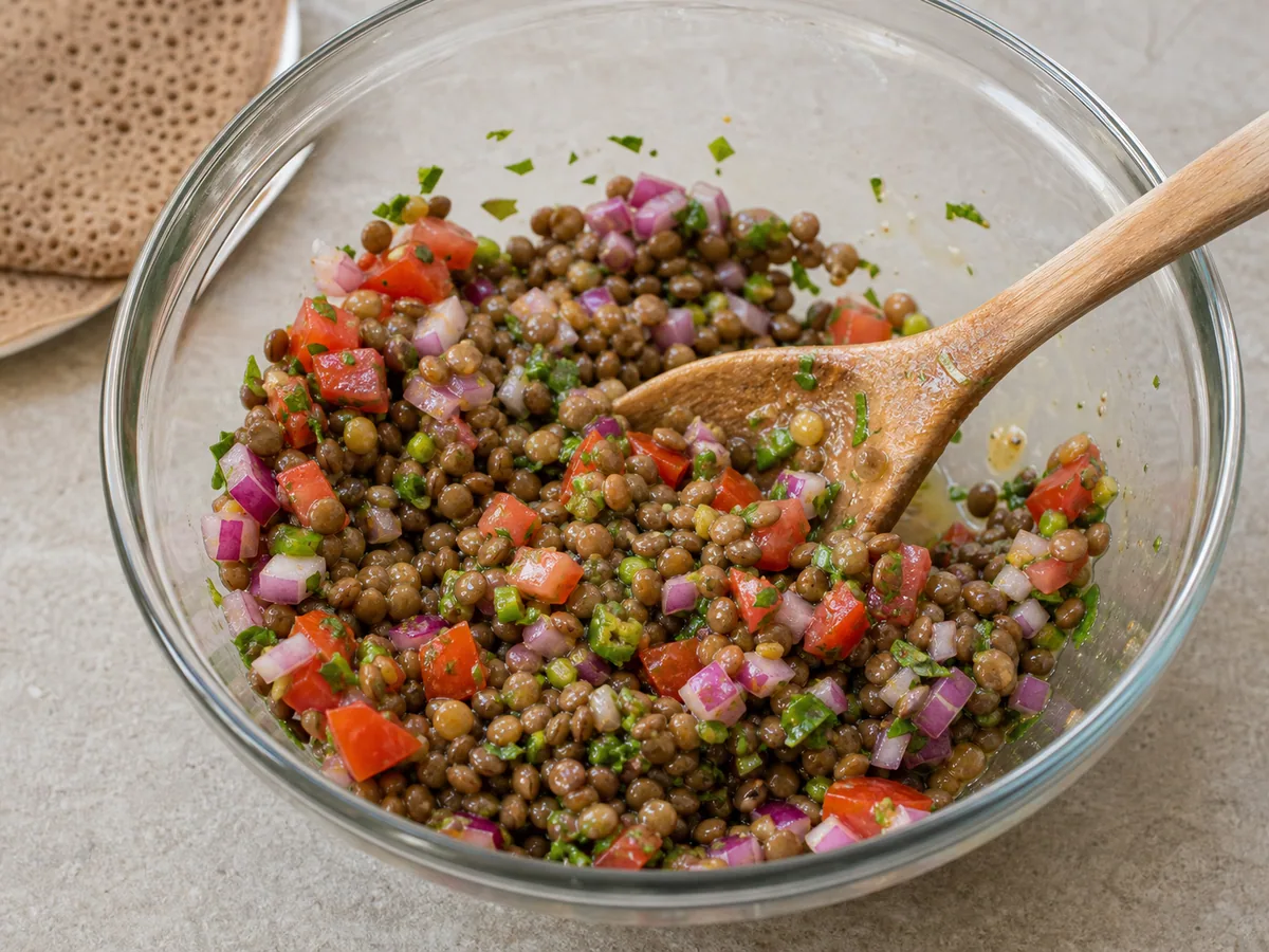 Ethiopian Azifa Lentil Salad: Dress, rest, and serve