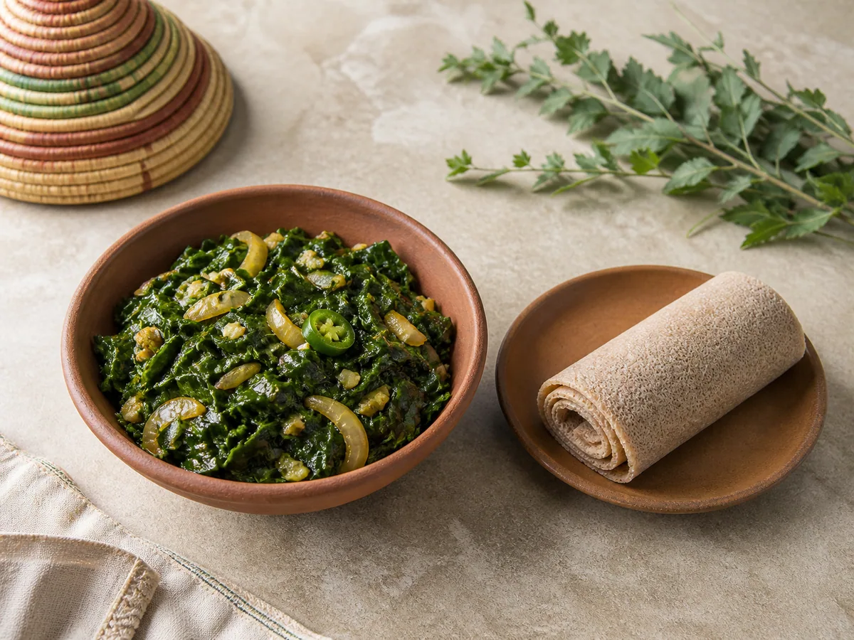 Bowl of Ethiopian collard greens with softened onions and jalapeno