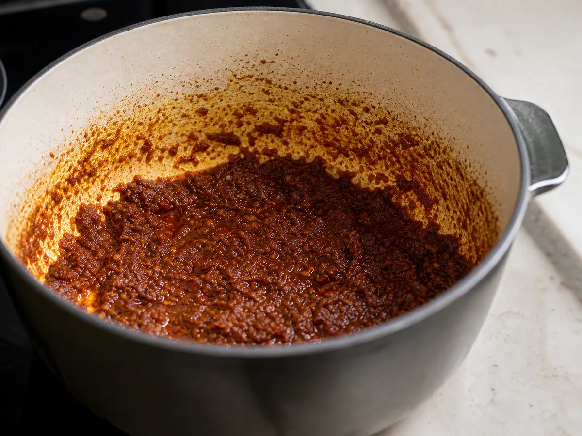 Pasta rojo ladrillo de berbere y aromáticos tostada en la base de cebolla del doro wat etíope