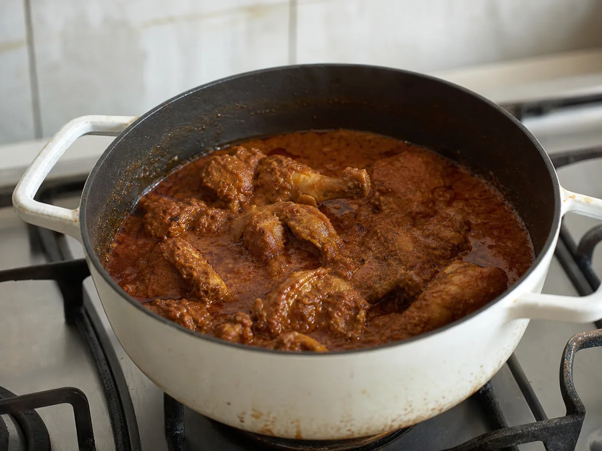 Muslos de pollo completamente cocidos en salsa de doro wat etíope, con un termómetro lejos del hueso