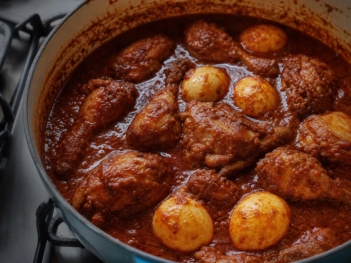 Huevos duros marcados y pollo cubiertos con salsa espesa y brillante de doro wat etíope
