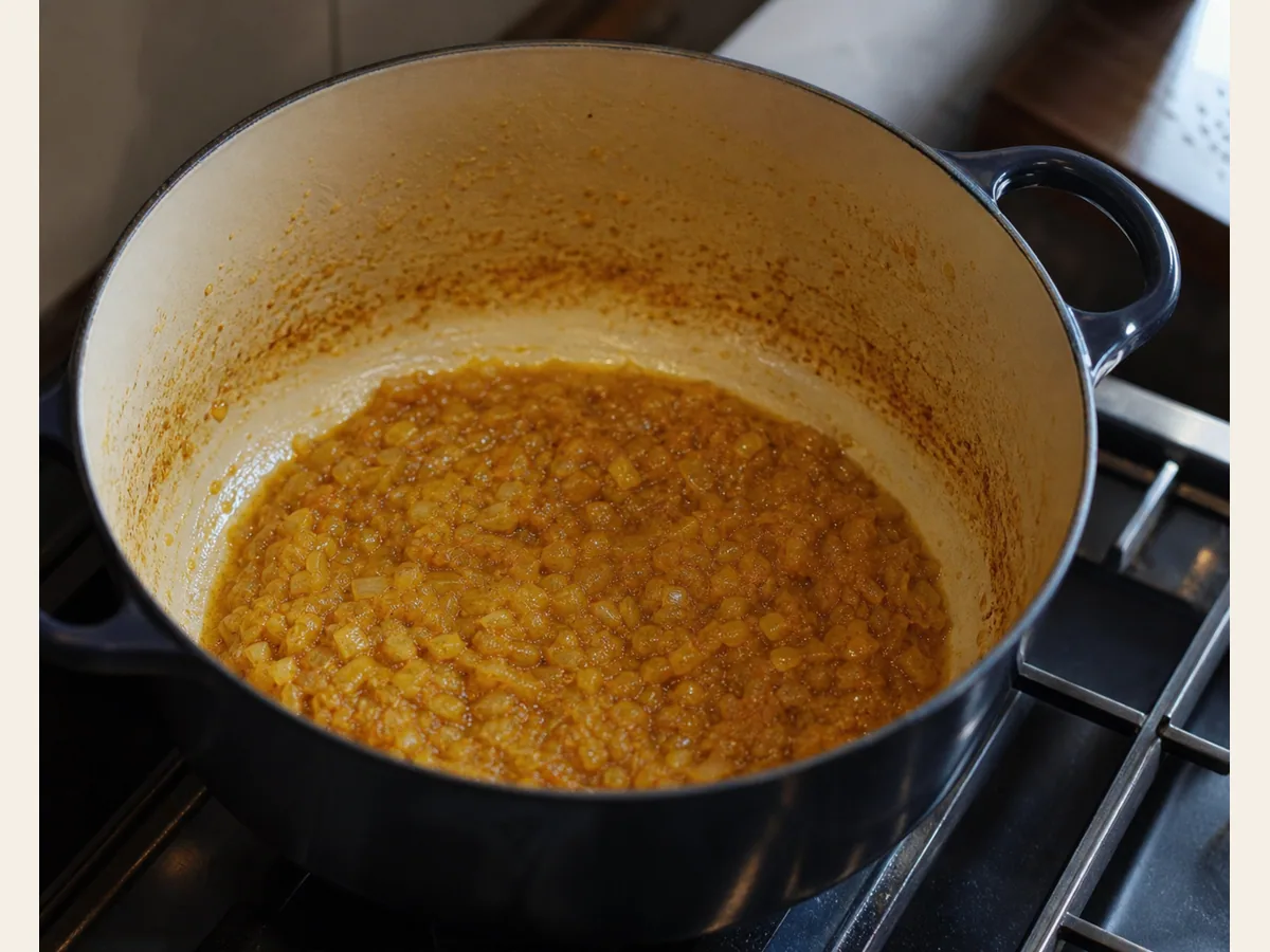 Cebollas finamente cocidas de color dorado intenso que forman la base del doro wat etíope