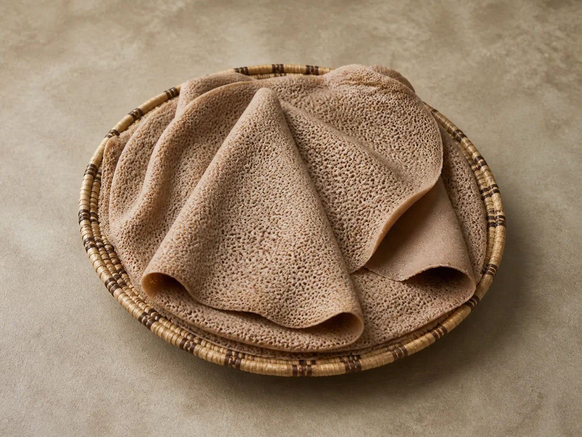 Pilha de injera etíope macia, com superfície porosa