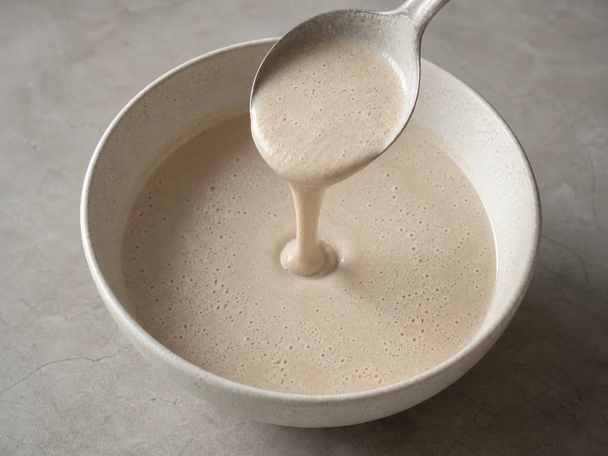 Massa de injera aerada, fluindo como creme leve após a segunda fermentação